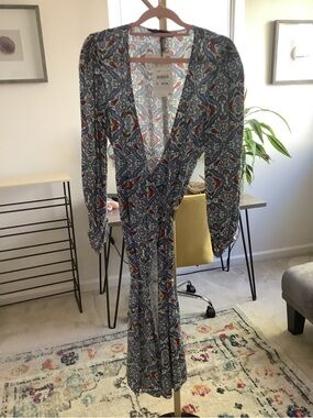 Blue Paisley Long Sleeve Wrap Maxi Dress
